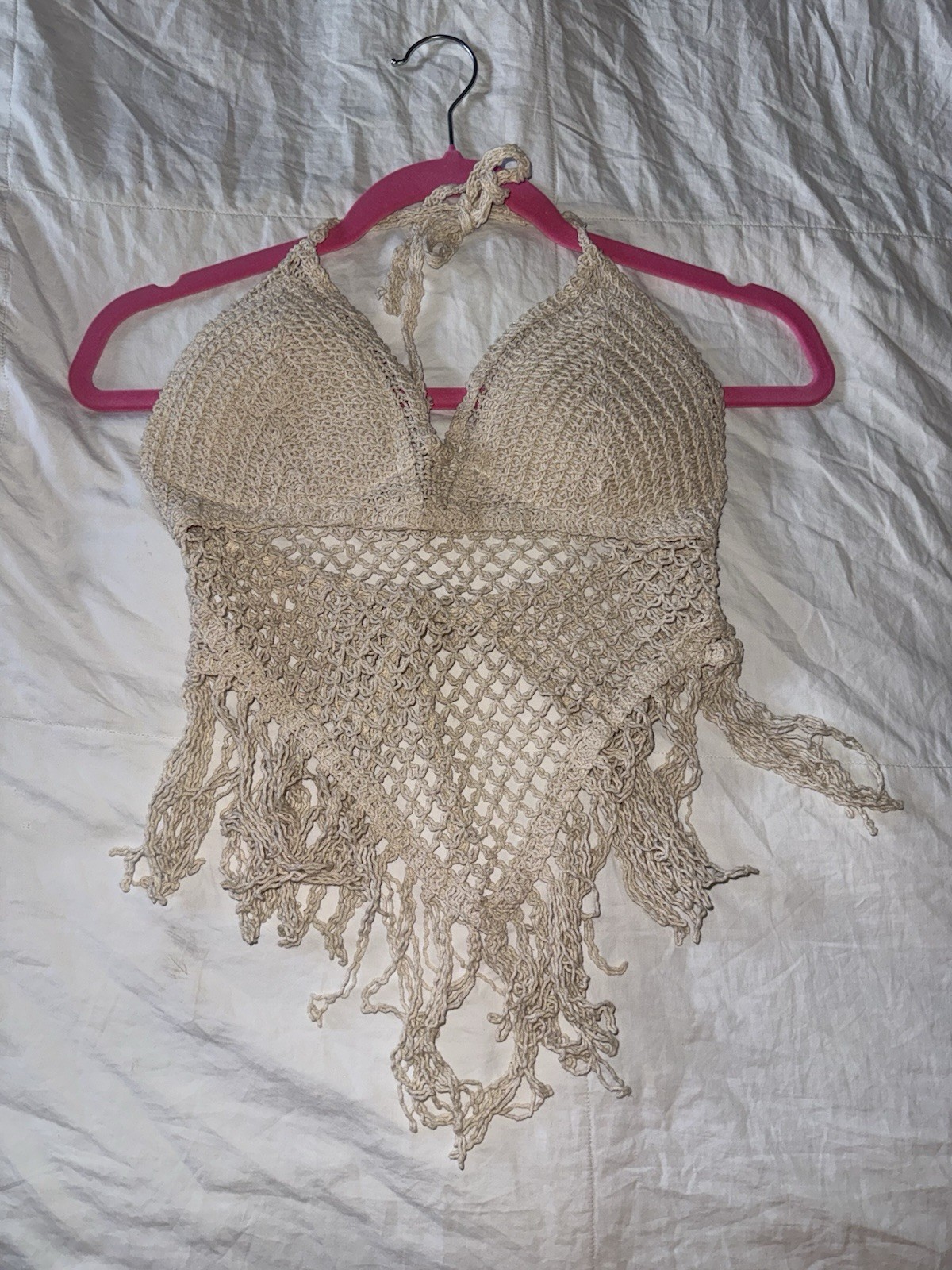 Handmade Beige Crochet Halter Neck Top and Skirt Set with Fringe