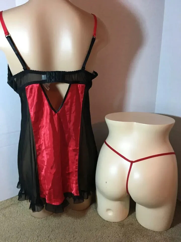 Vtg XL Red SATIN PADDED Babydoll Nightgown &G-STRING PANTY Set Lot 40 Lace Mesh