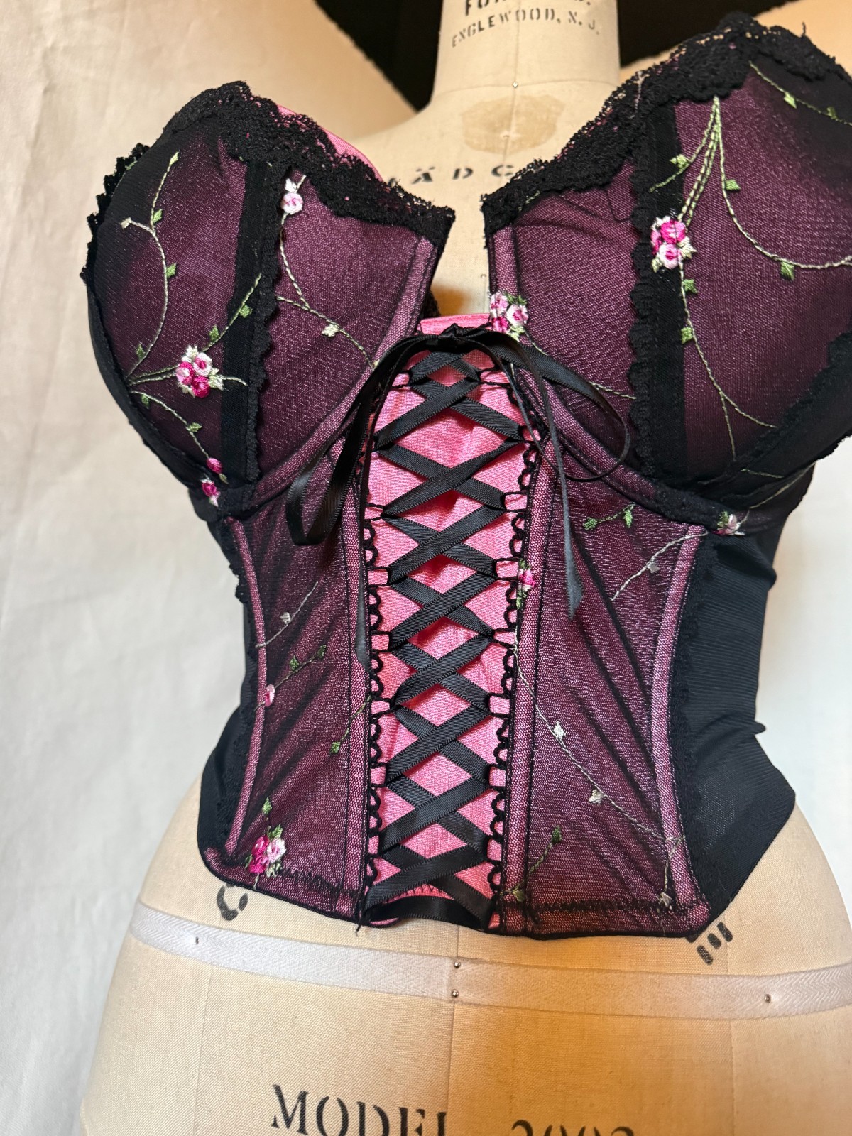 LACE FRONT CORSET BUSTIER „ENCHANTED” SHEER BLACK NYLON w EMBROIDERED CUPS 42DD