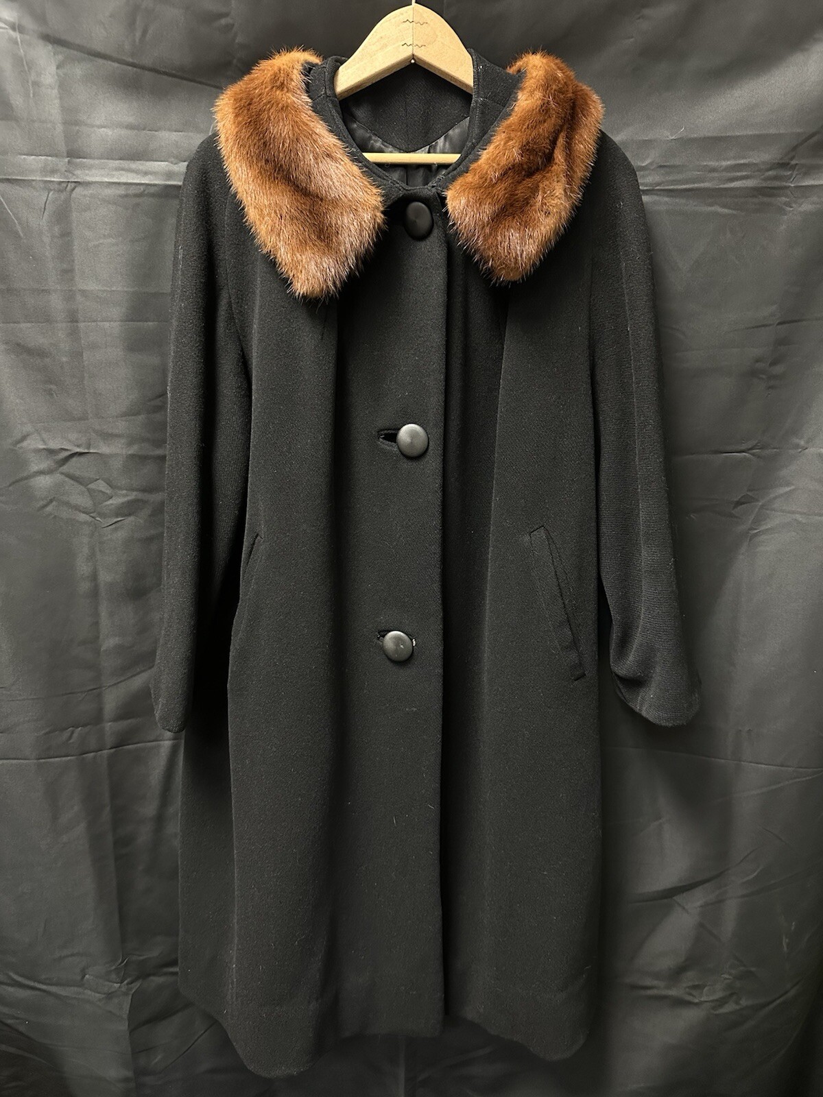 Vintage Black Wool And Fur Collar Lined Jacket Sz Large Petite Knee Length READ