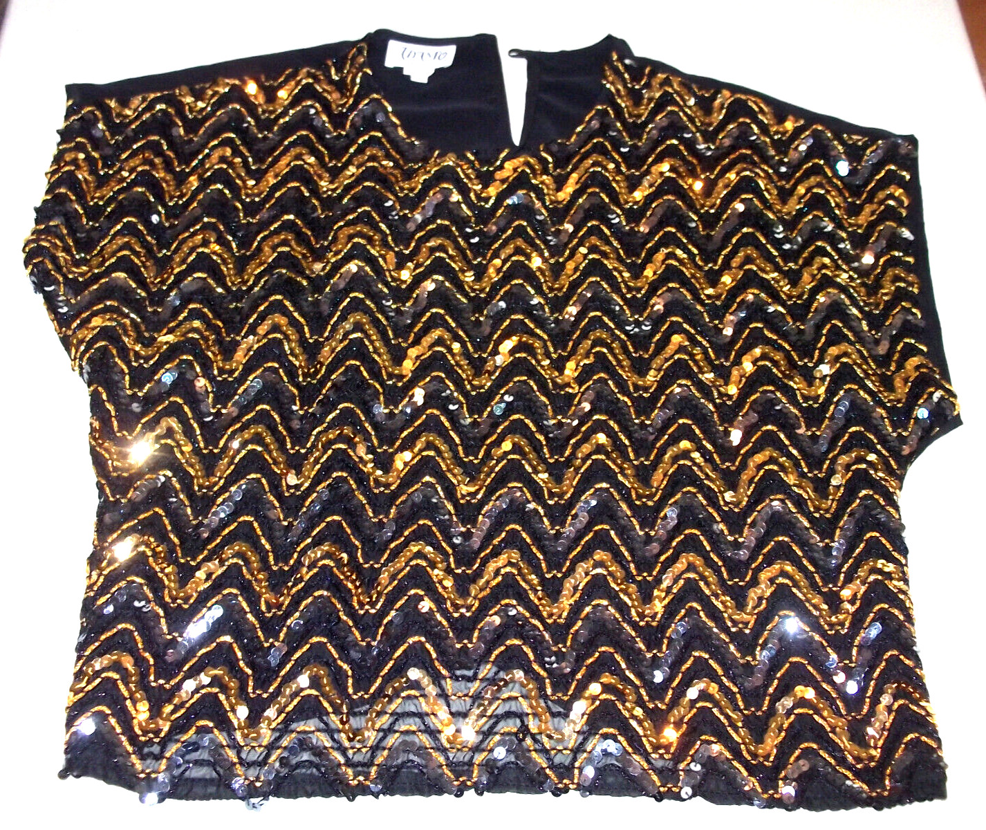 Vtg Black ADAMO Gold SEQUINED Pullover SHORT SLEEVE Evening Cocktail TOP/Size S