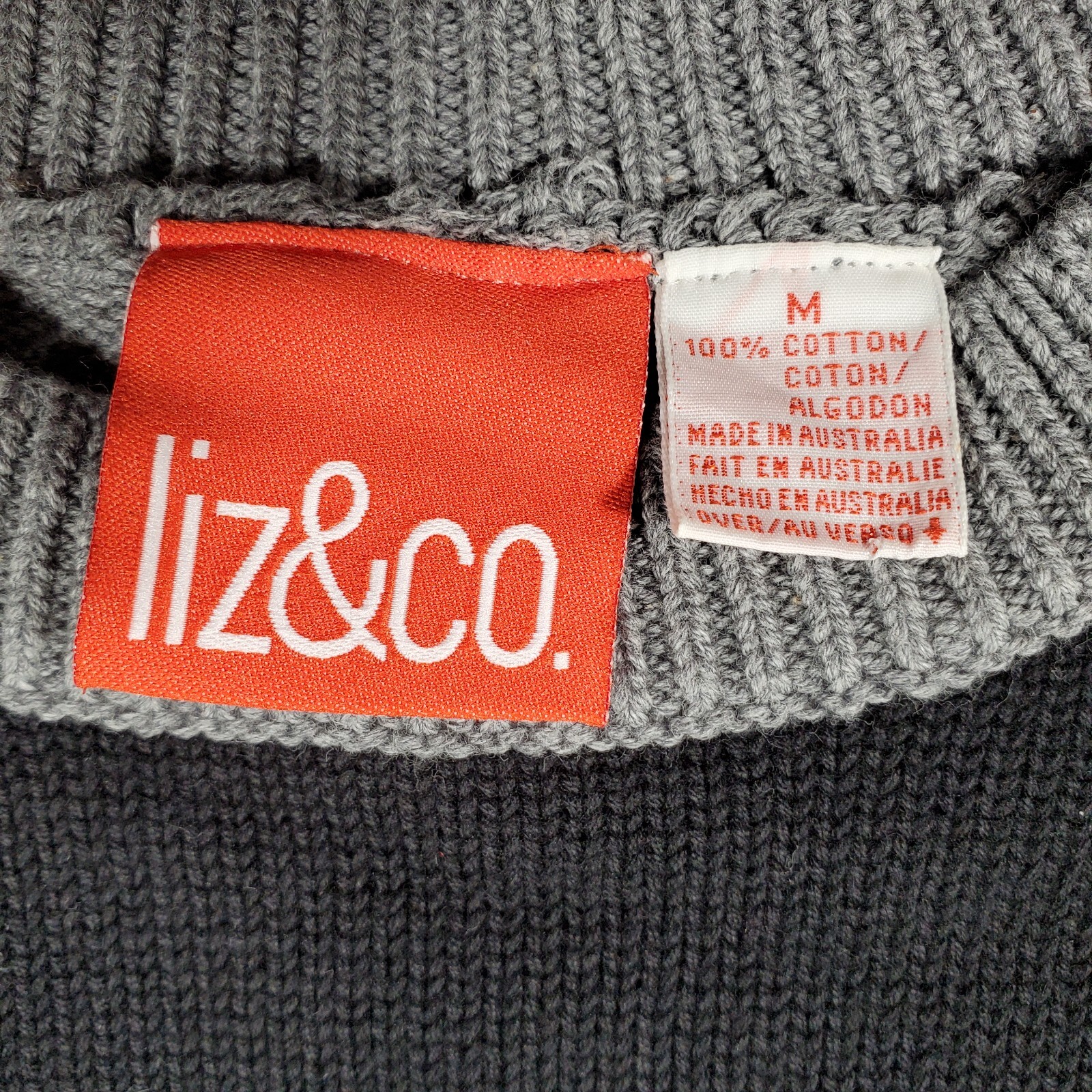 VTG 80s Liz & Co Geometric Colorblock Knit Sweater Womens M Grey Black Checkers