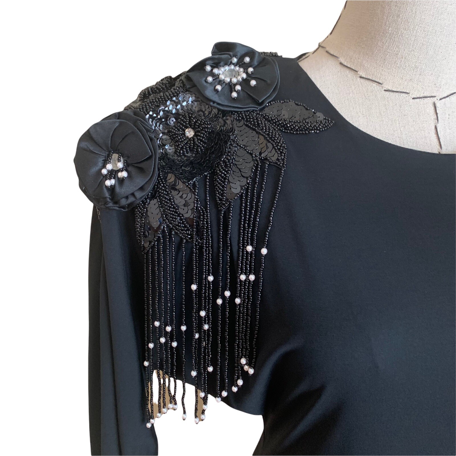 Vintage 80s Casadei Glam Beaded Evening Dress Draped Deco 20s Big Shoulders S