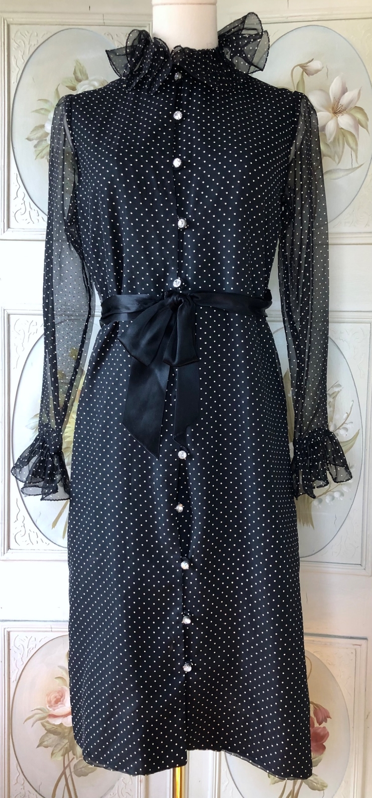 VTG 70s MARITA ANTHONY MUTO BLACK WHITE POLKA DOT RUFFLE COLLAR DRESS CHIFFON