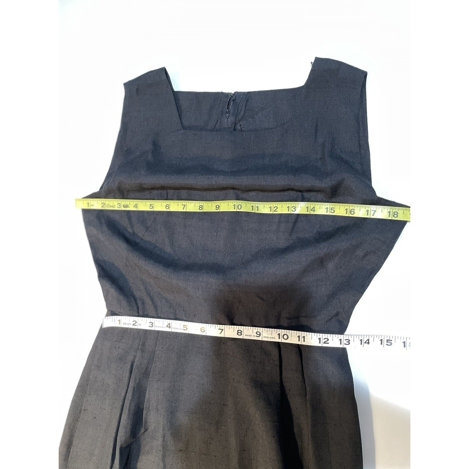 VTG 60s Little Black Dress Pencil Wiggle Square Side Arm Hole Pockets 38″ Chest