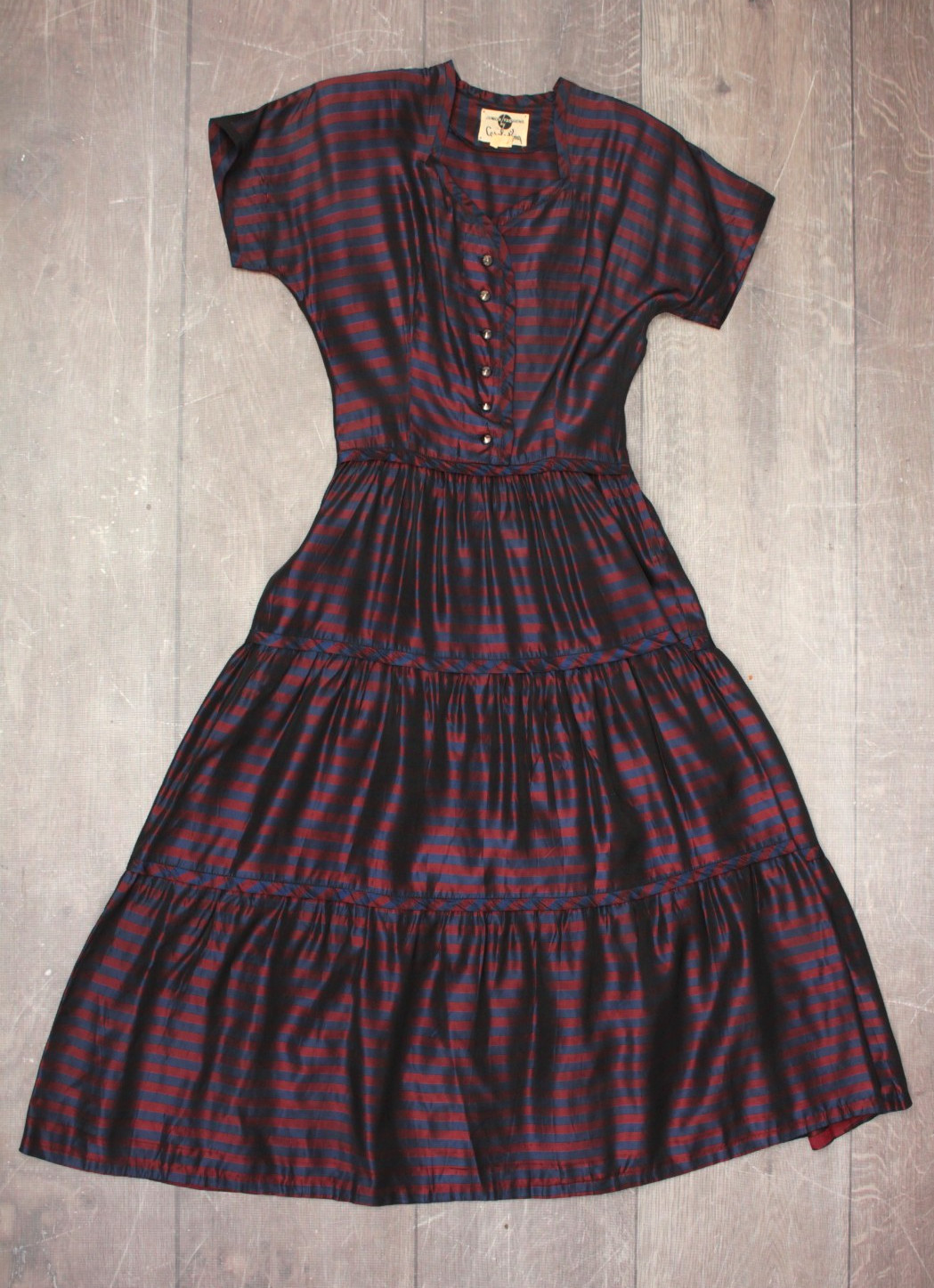 VTG Women’s 40s 50s Maroon & Navy Striped Taffeta Cocktail / Formal Dress XXS/XS