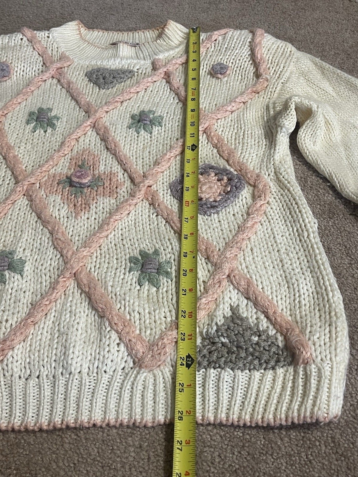 Vintage Huntington Ridge Sweater Womens L Cream Peach Flowers Granny Cottage Fai