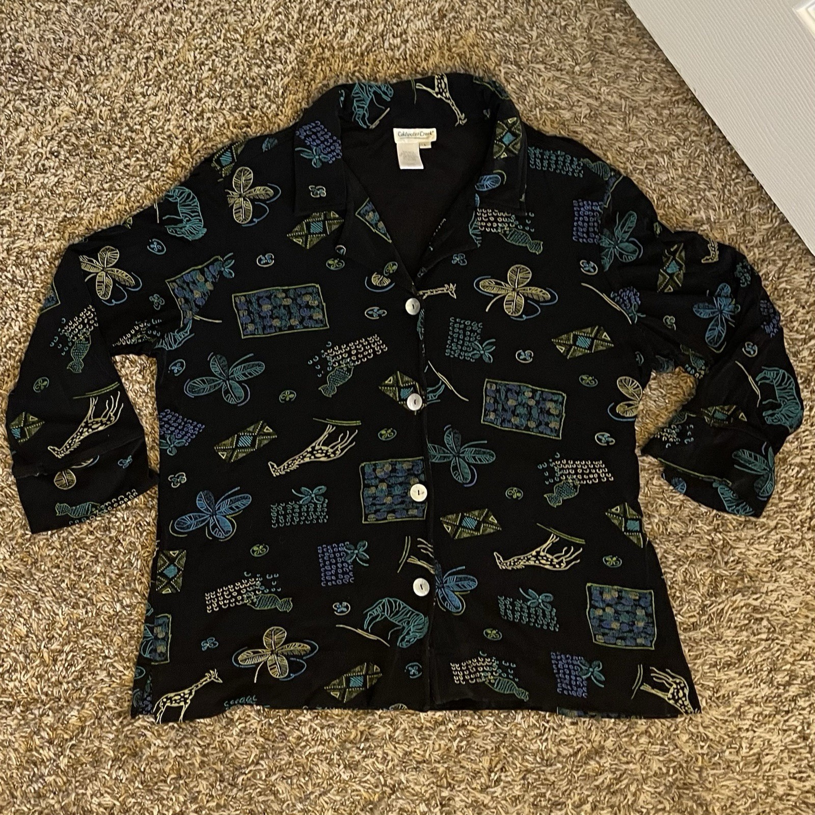 1990s Coldwater Creek Large Black Top Zebra/Giraffe/Plant Green/Blue Stamp print