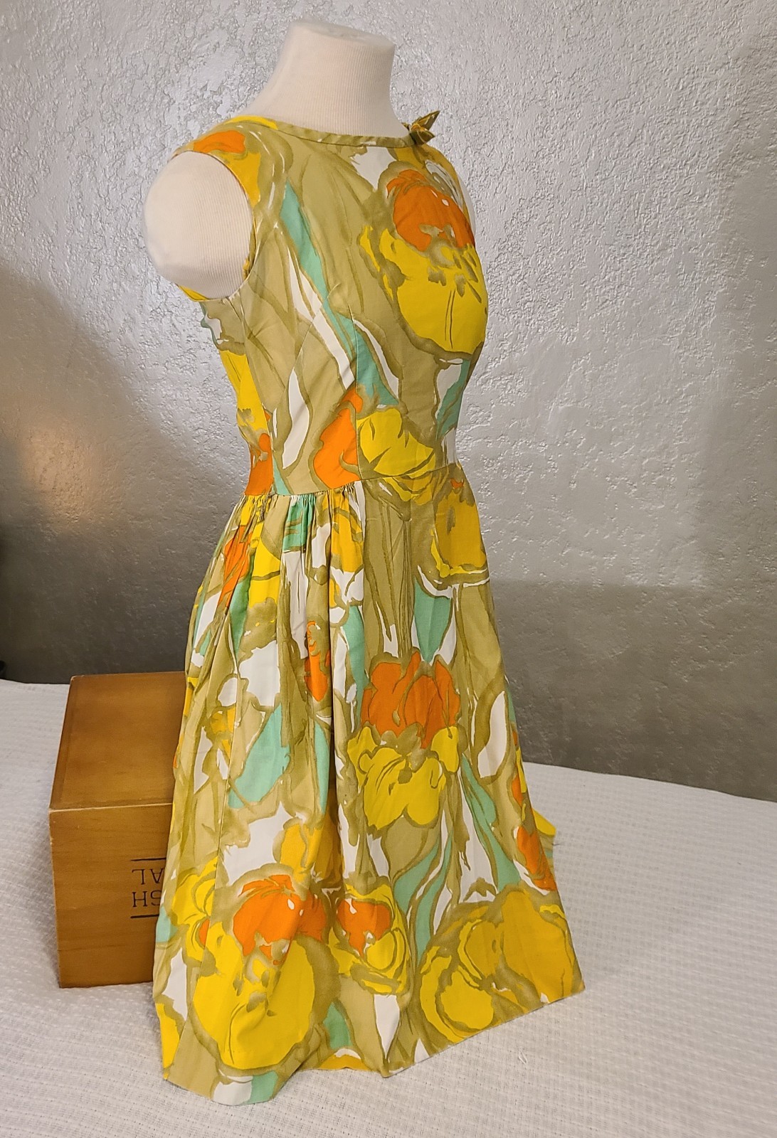 Vtg 60’s Loungecraft Original Floral Cocktail Dress XS Yellow Orange Tan Mad Men