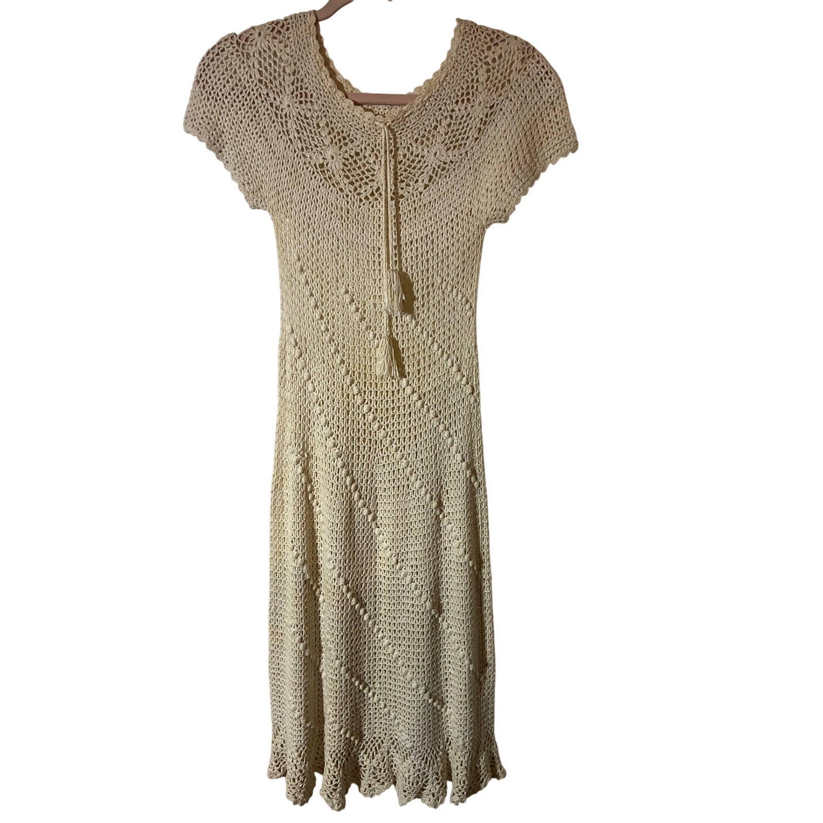 Vintage Crochet Maxi Dress XS Small 70s Whimsigoth Chevron Popcorn Stitch Ivory