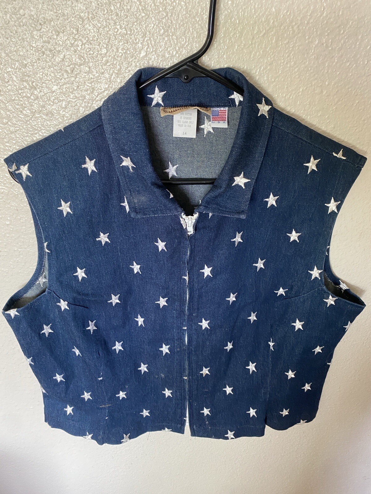 Vintage Painted Pony Zip Vest Denim USA Flag Stars Patriotic America Blue 14 S/M