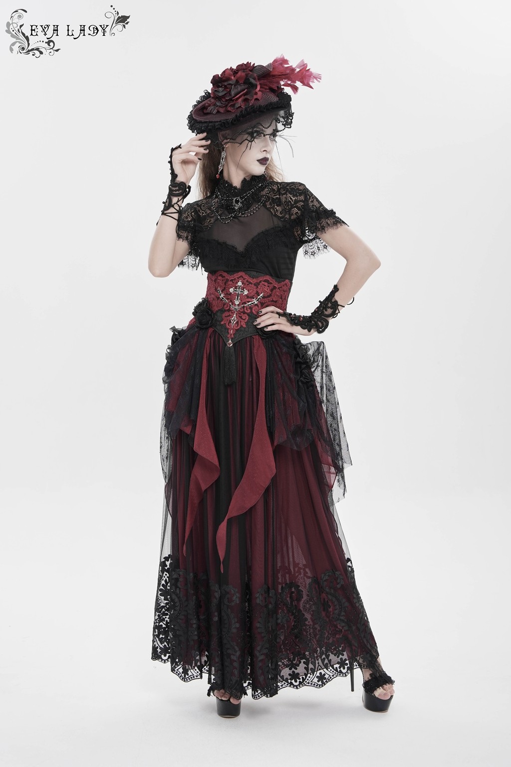 Eva Lady Women Black Red Retro Gothic Elegant Cross Bat Corset With Tulle Skirt