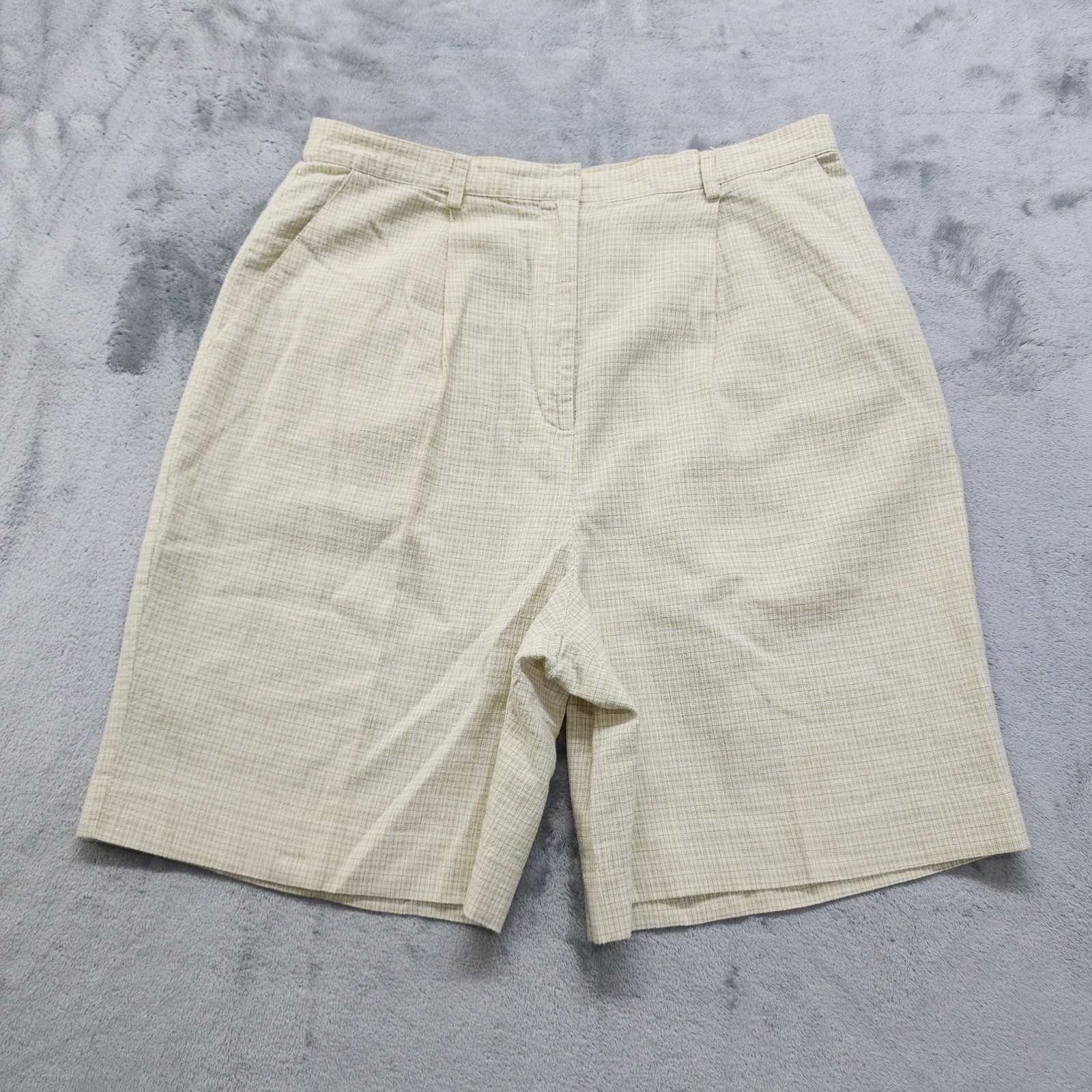 Vintage David Brooks Shorts Womens 10 PETITE Beige Plaid Linen Cotton High Rise