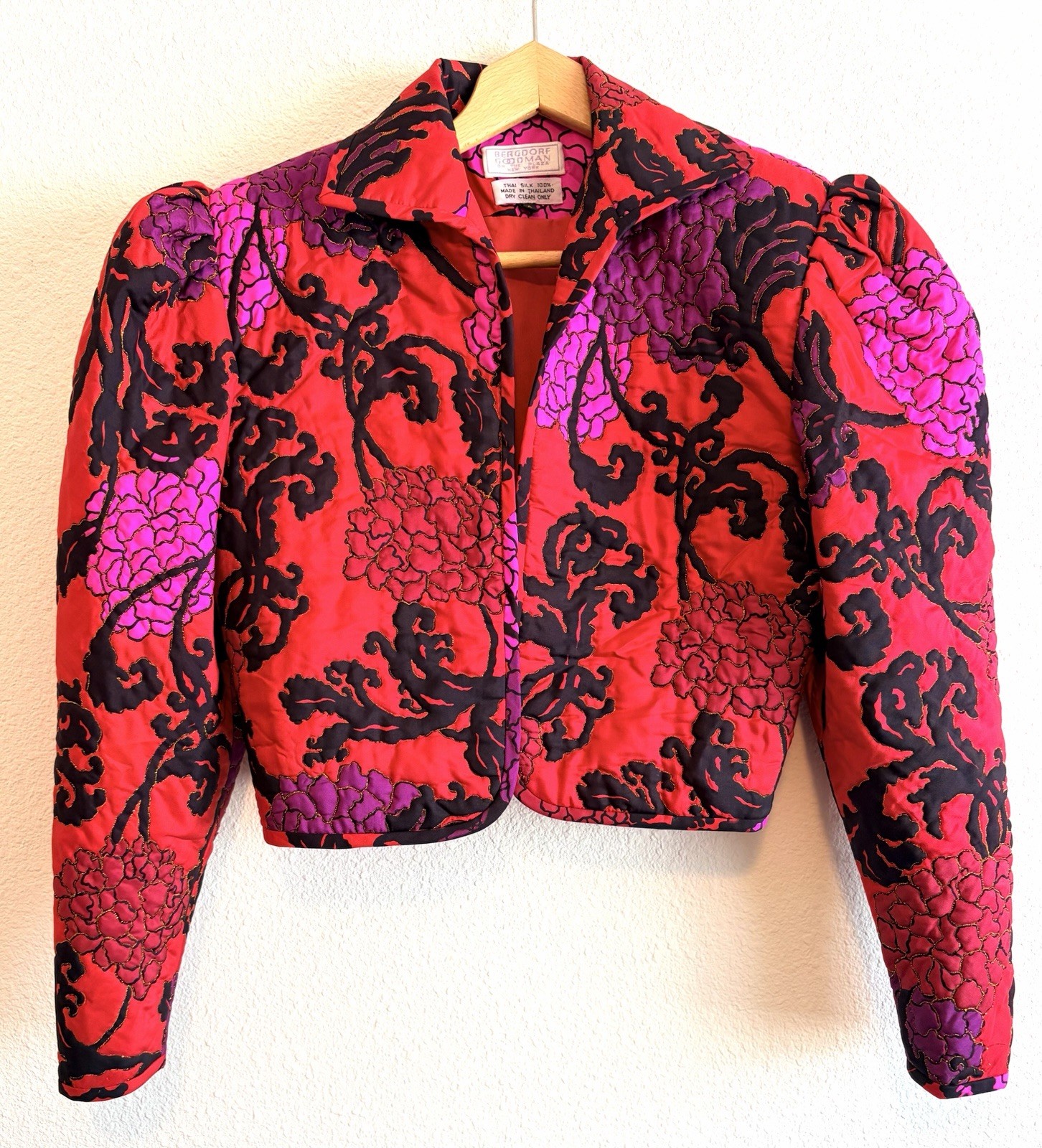VTG 80S SILK QUILTED FLORAL BERGDORF GOODMAN CROPPED BOLERO JACKET