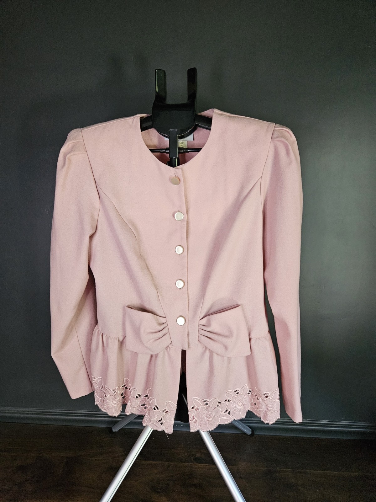 Vintage Blazer Pink Lace Tufted Bow Button Down Jacket USA Size 16 Frejani