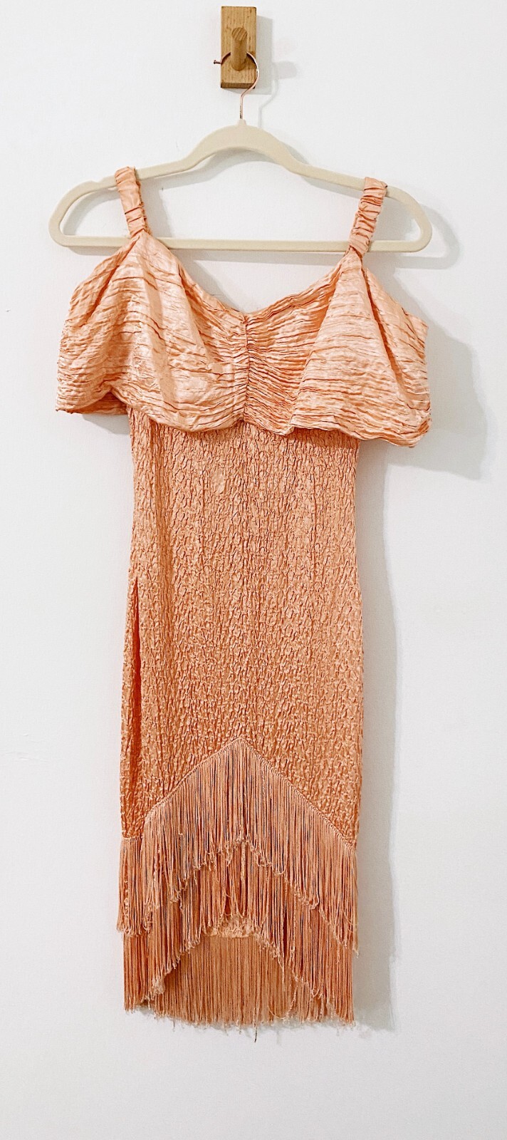Vintage VTG Made in NYC 4-U Coral Fringe Flapper Midi Dress Size Medium Stretch