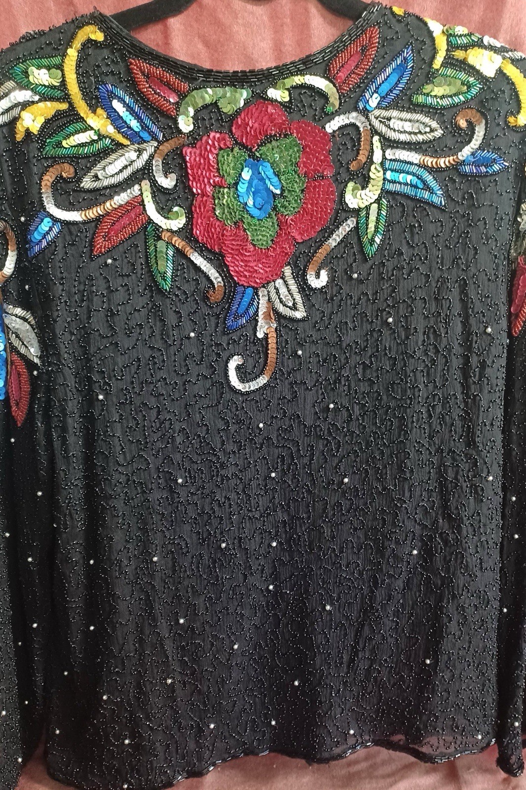 Vintage SWEELO Pure Silk Hand Beaded Sequin Black Evening Jacket Women’s S/M