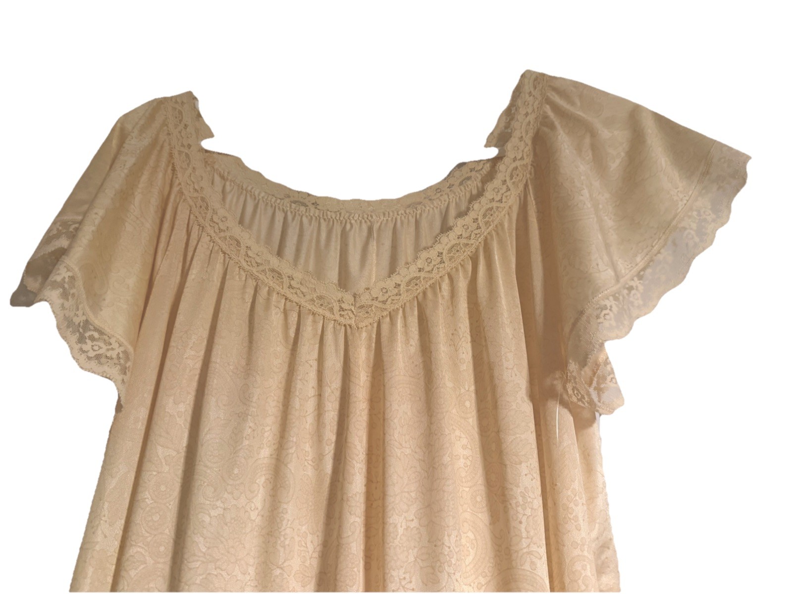 Vtg 70s Miss Elaine Nightgown Flutter Sleeve/lace trim, damask floral weave patt