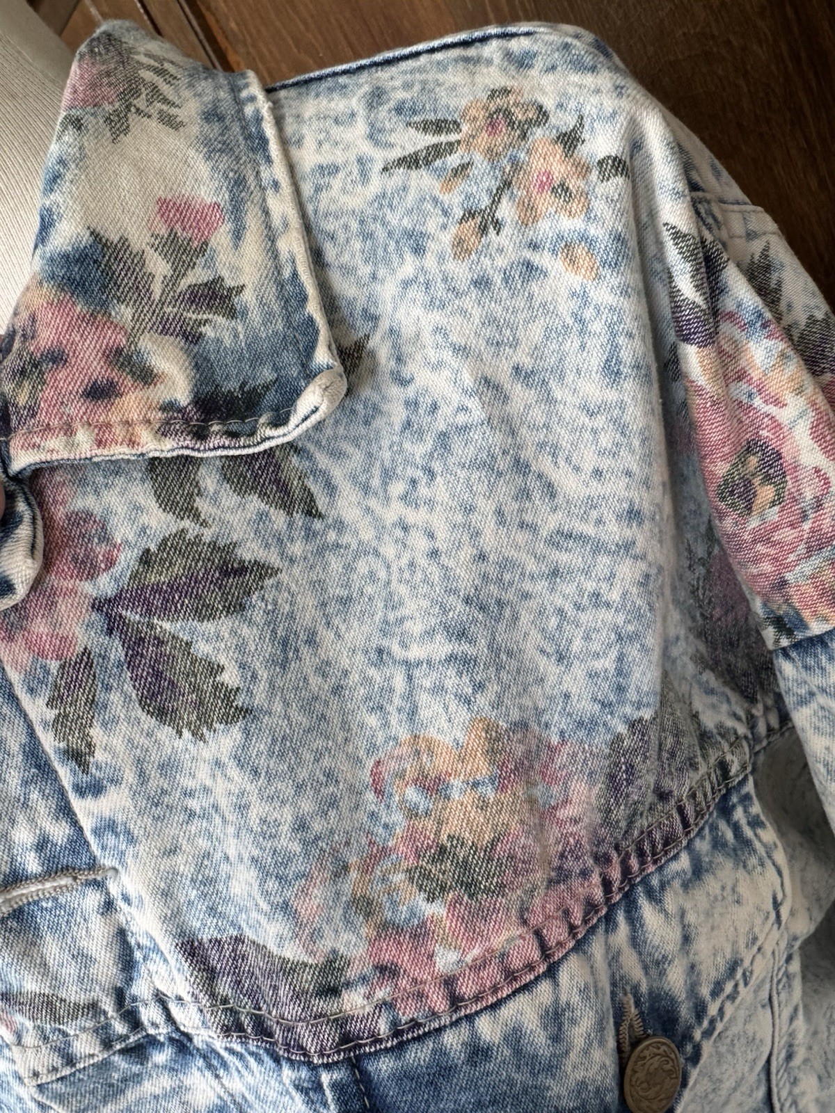 VTG 80s Bonjour International Acid Wash Denim Jacket Floral Oversized USA M – XL