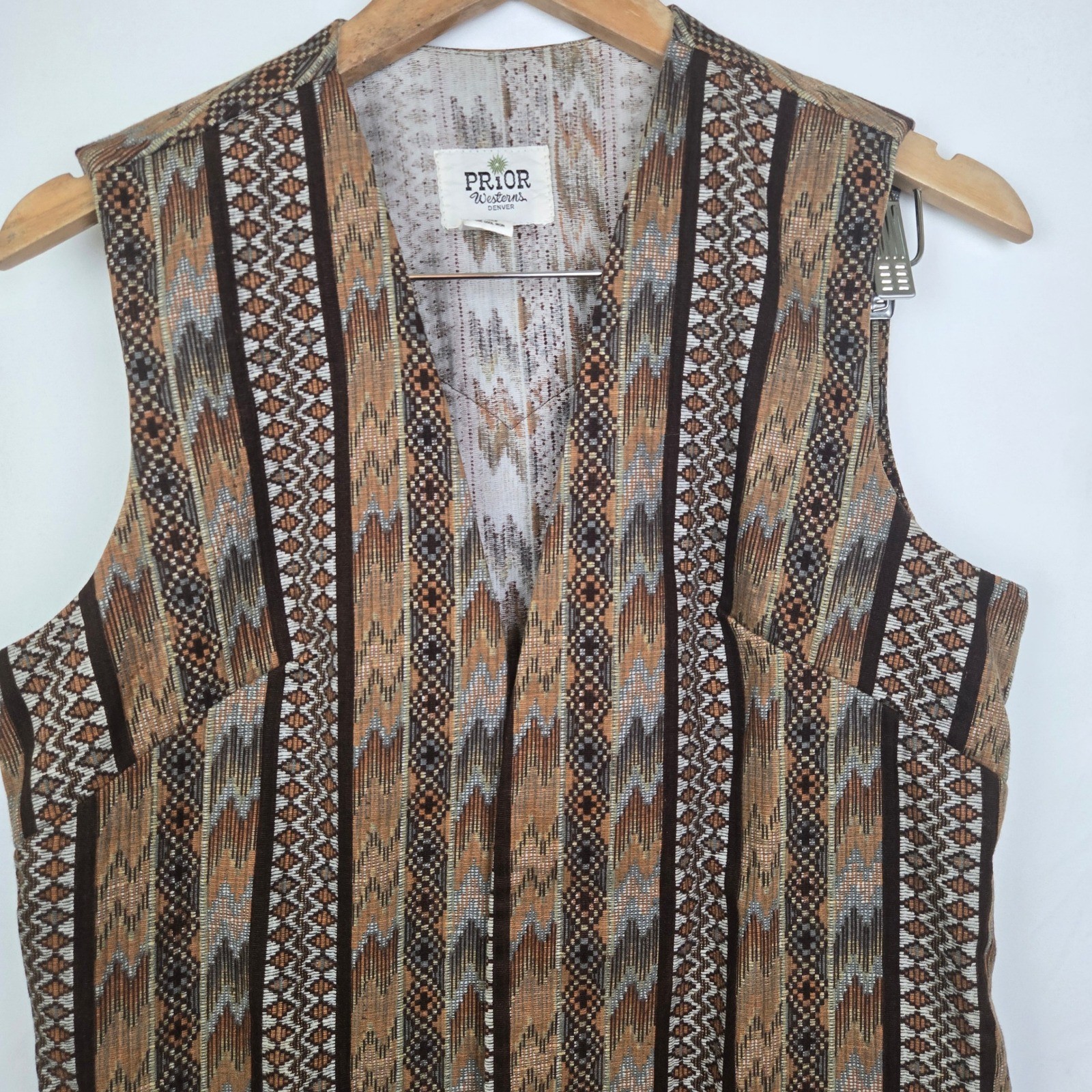 Vintage Prior Westerns Denver Southwestern Geometric Woven Longline Vest Brown