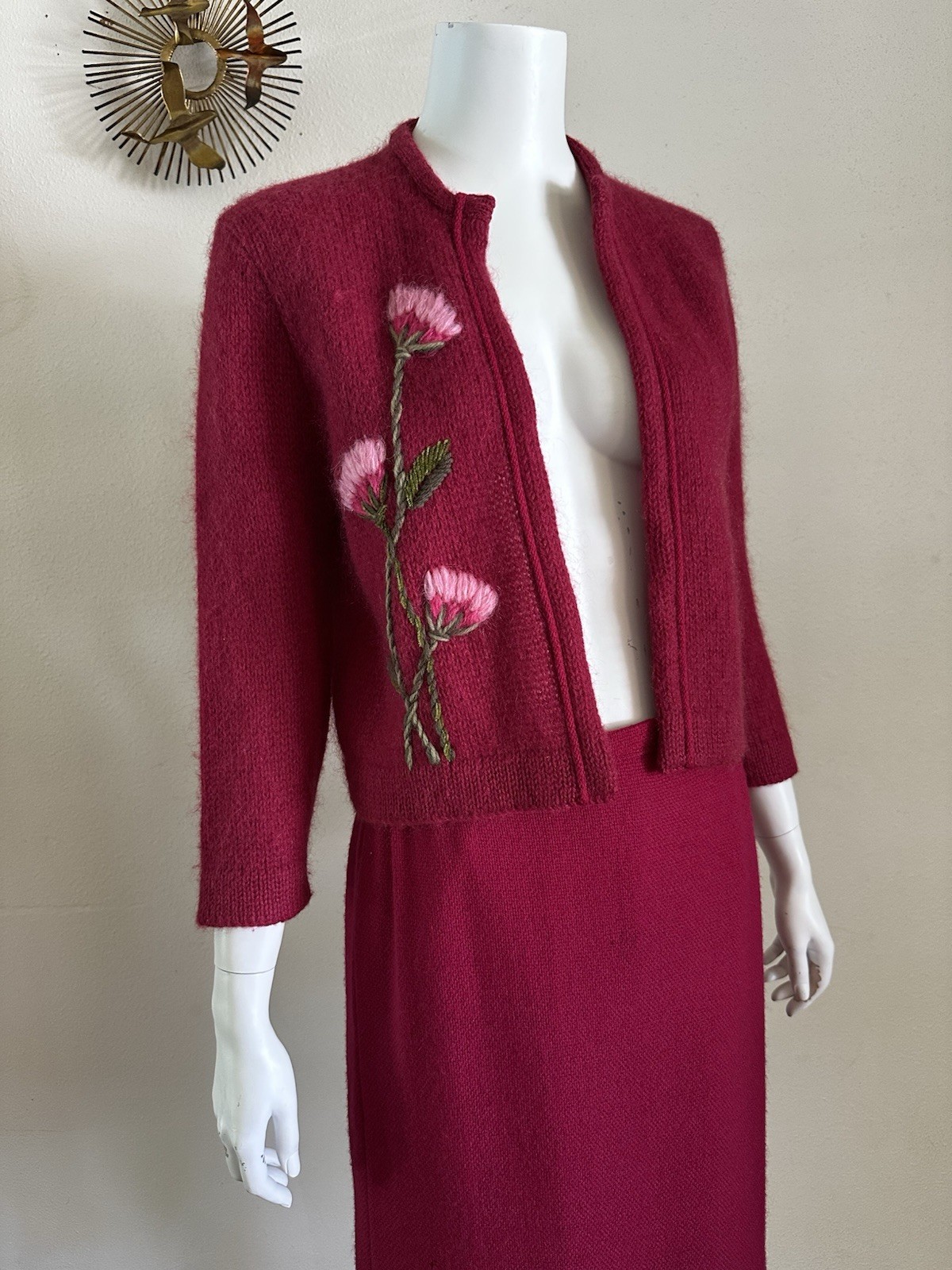 1960s Sweater Suit Fuzzy Knit Embroidered Floral Jacket & Wool Skirt ILGWU Union