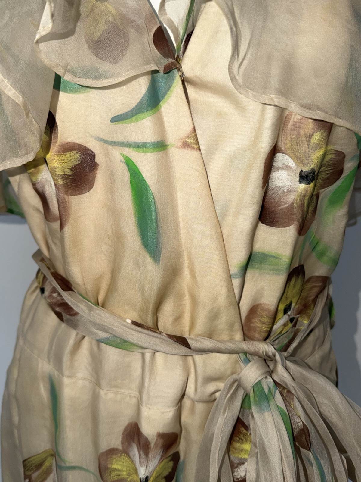 Vintage 1930s Hand Painted Cream Elegant Silk Chiffon Organza Garden Party Gown
