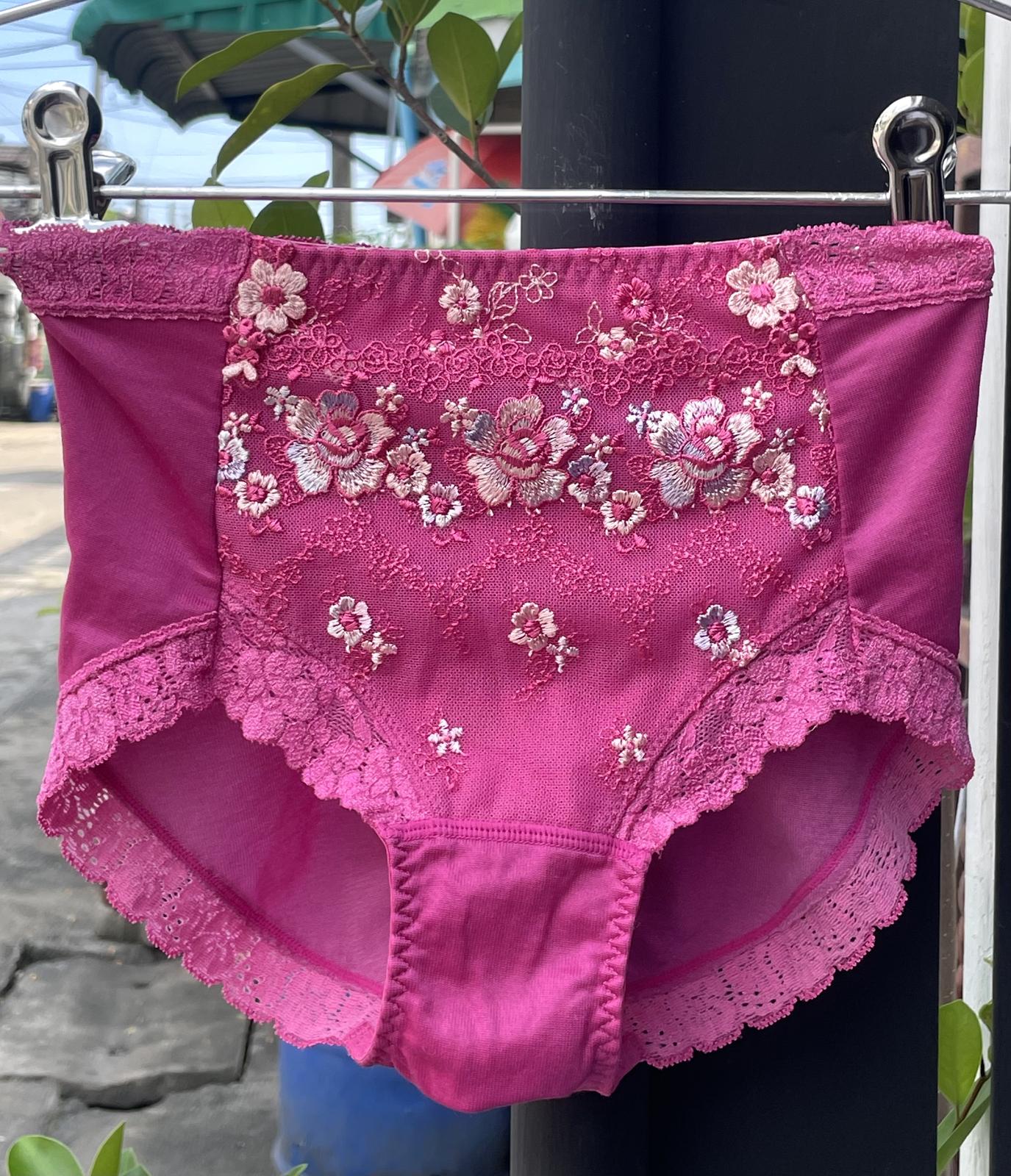 Fuchsia Nylon High Waisted Panty Vintage Pink Floral Lace Silky Briefs SMALL