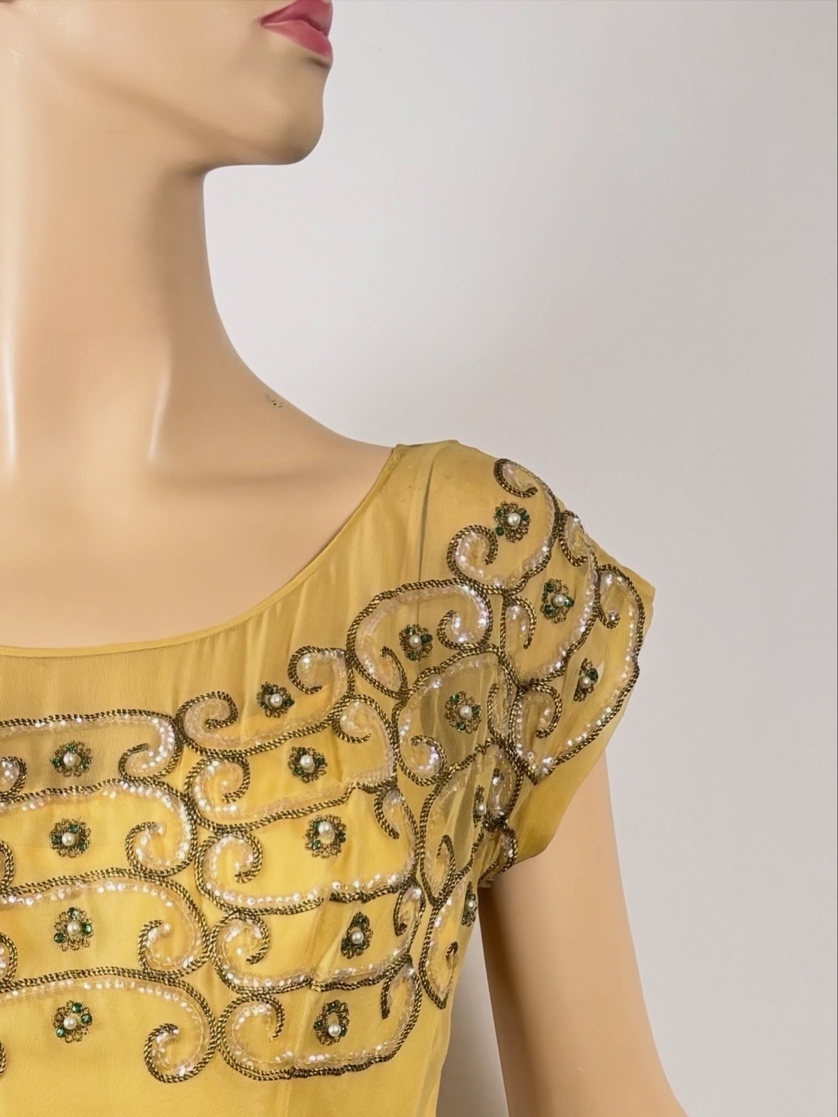 Vintage 40s Goldenrod Silk Chiffon Evening Gown Rhinestones, Sequins, Gold Cord