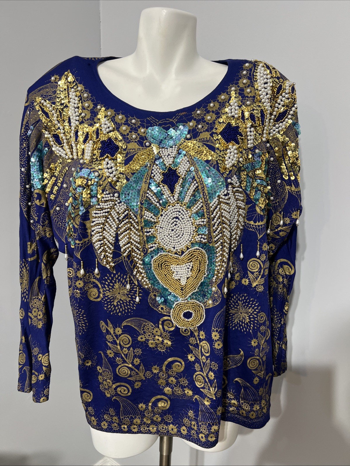 Vintage 80’s Bali Collection Beautiful Royal Blue Sequin & Bead Rayon Print Top