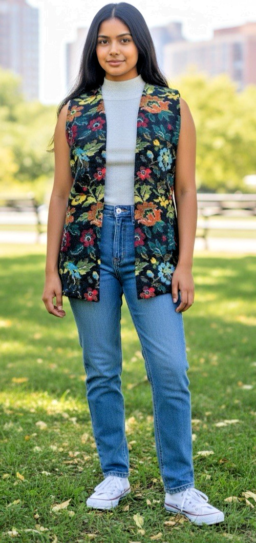 Vtg ALADDIN TAPESTRY VEST Women sz M Black Floral Fully Lined USA Made Mint!