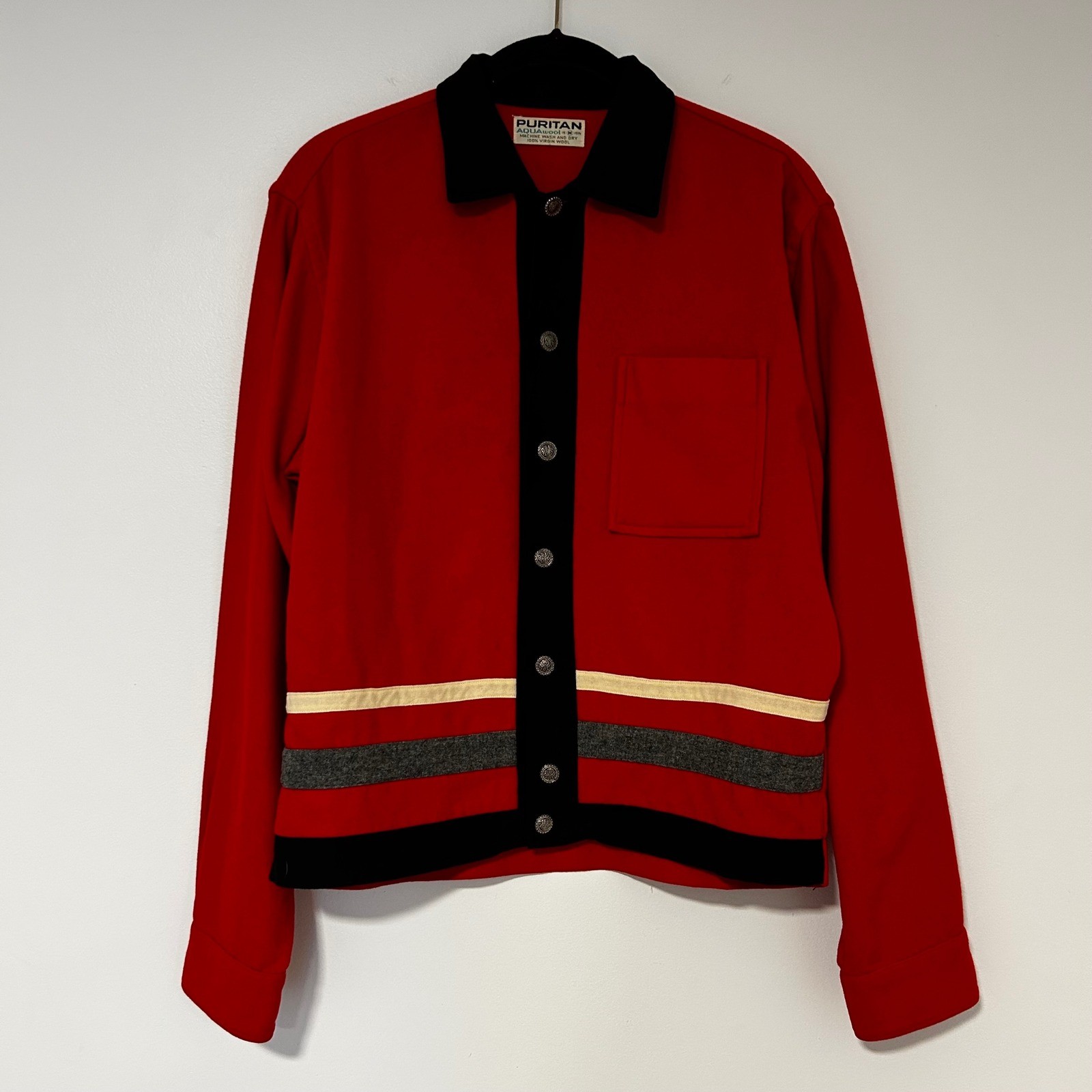 Vintage Puritan Aquawool Red Virgin Wool Button Front Jacket Striped Size M