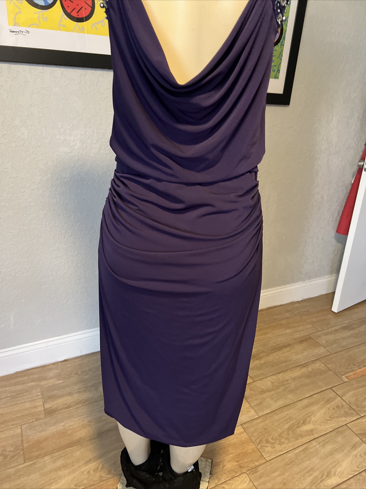 VTG MAGGY LONDON PURPLE RUCHED W/BEADED GEMS SHORT SLEEVES DRESS STUNNING xb8
