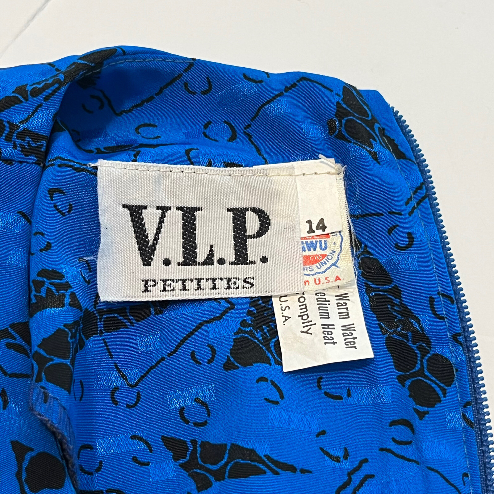 80s VLP Petites Blue Abstract Secretary Dress Elastic Waist Union Tag Vintage 14