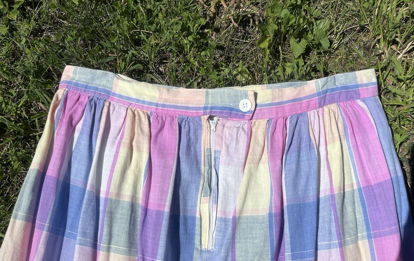 Vintage 1980s E.V. Ltd. Woven Cotton Pastel Plaid Midi Skirt Size L w/ Pockets