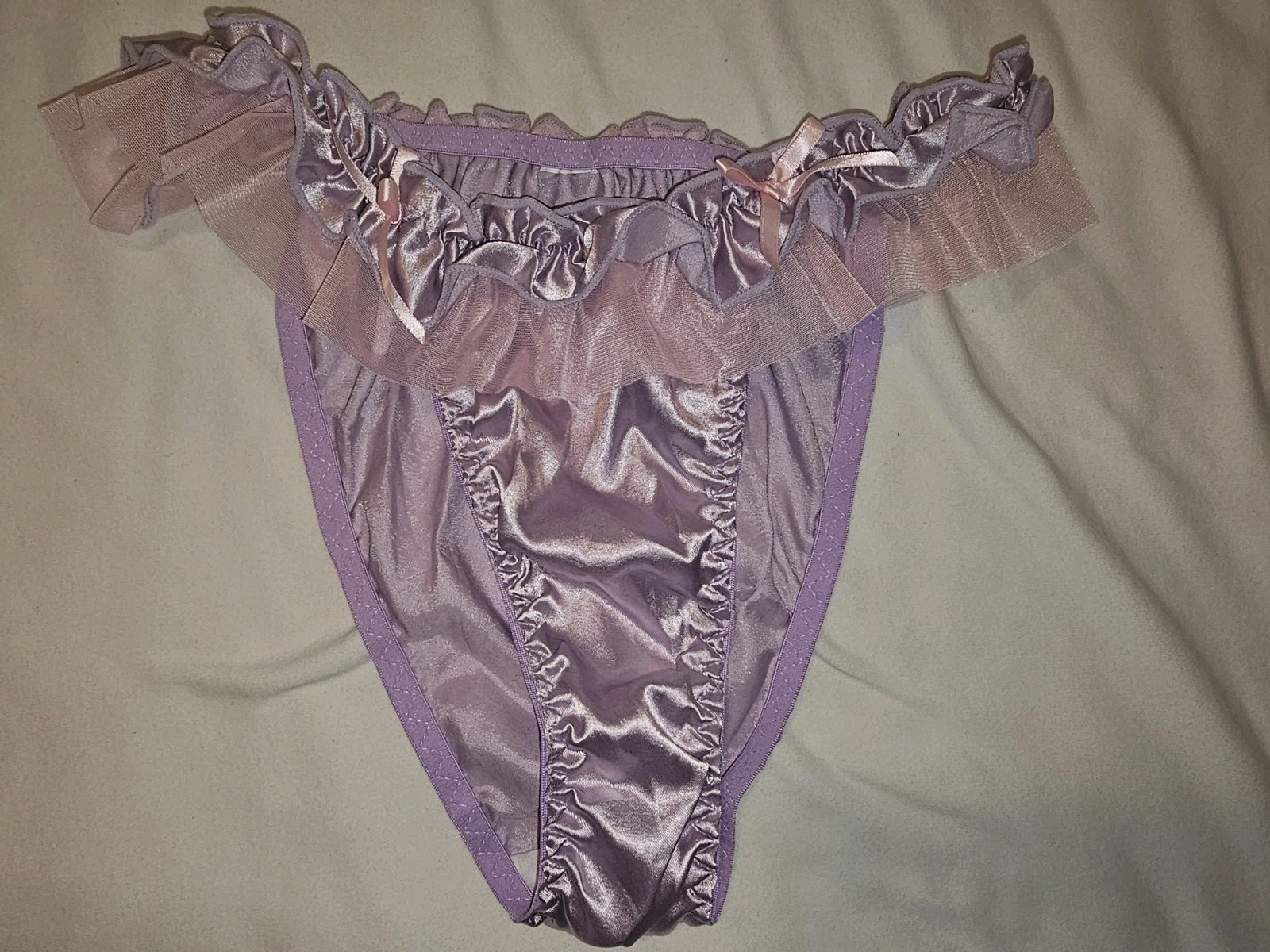 Vintage Girly Glossy Satin String Bikini Panties. Size Large