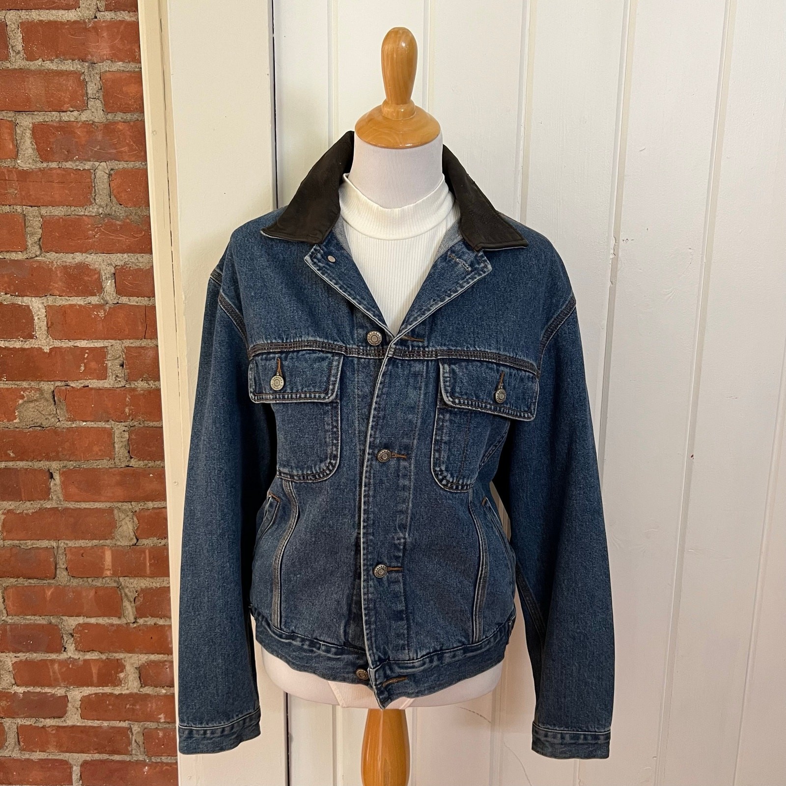 Vintage 90s Banana Republic Leather Collar Denim Jacket Oversized Women’s L