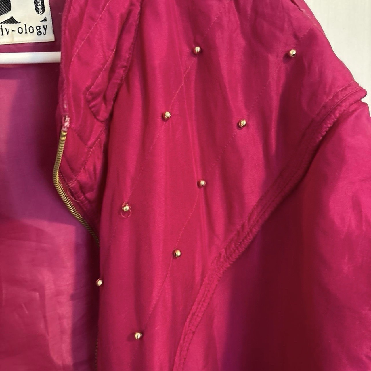 Vintage-Inspired Magenta Bomber Jacket with Embellished Details – Bold Statement