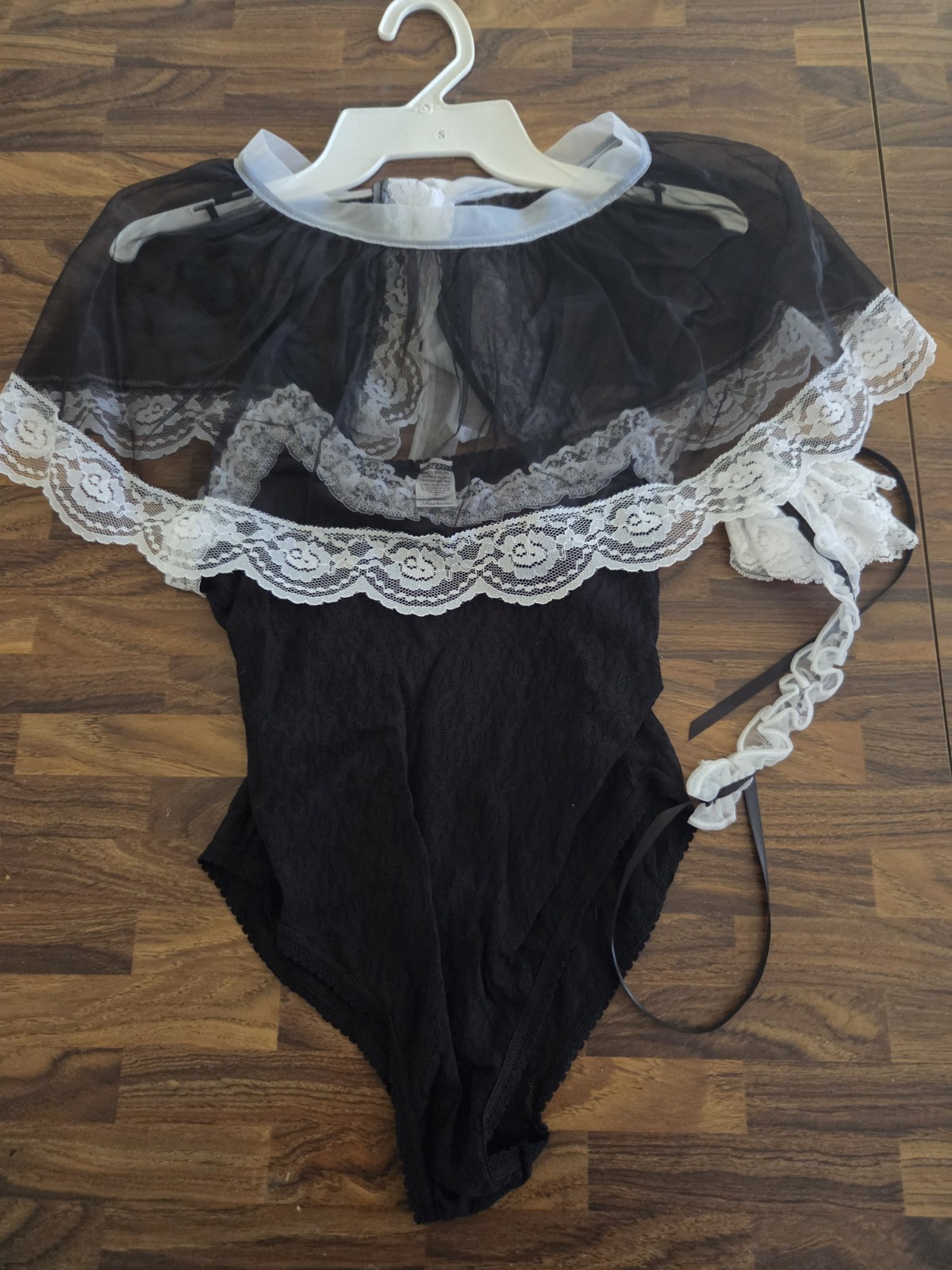 80s Petra Fashions Black Lace Sexy Maid White Ruffle Trim Teddy Lingerie MD New