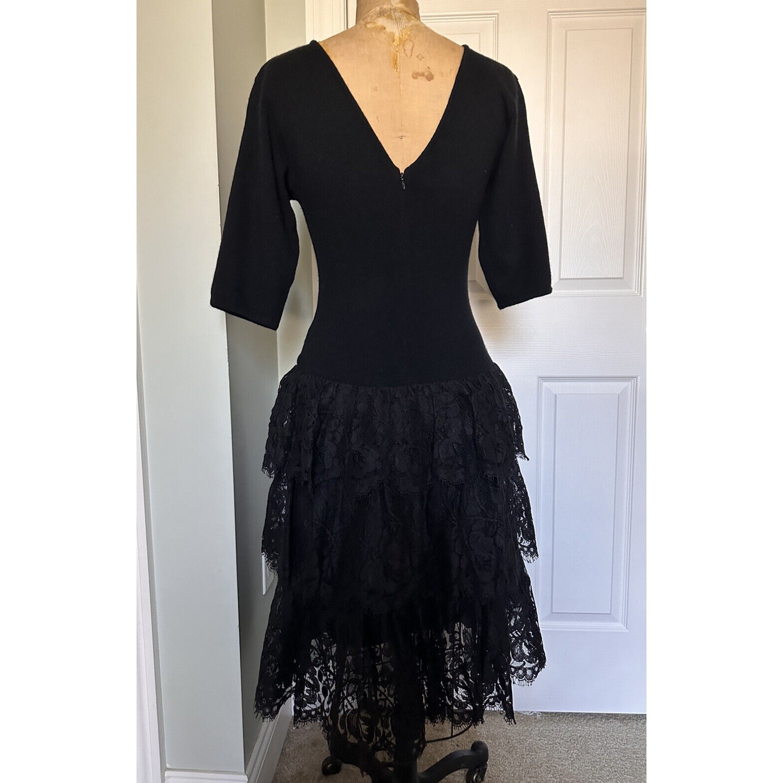 Vintage Adrienne Vittadini Sweater Dress Lace Ruffles Layered Wool Black Sz M