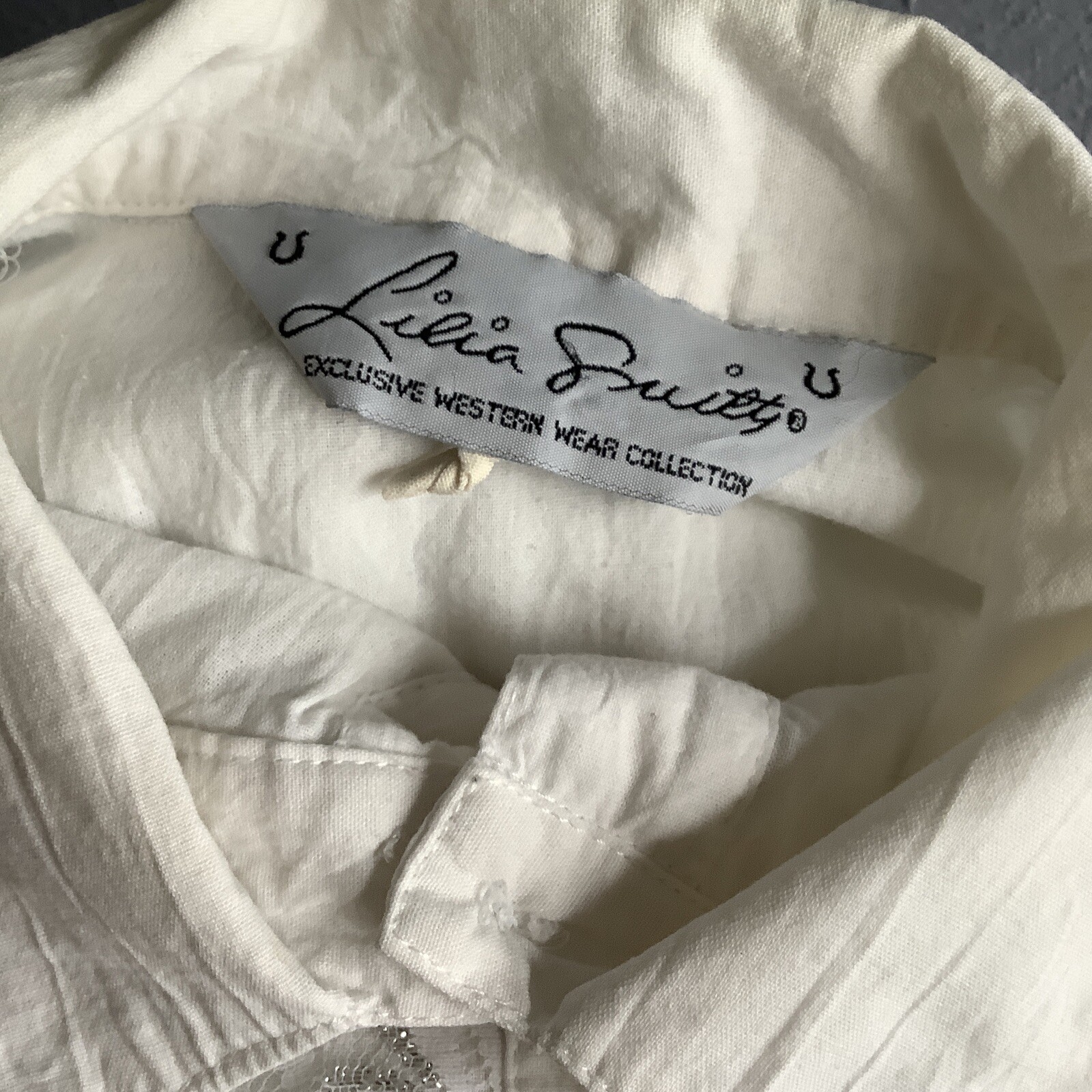 Vintage 80s Lilia Smitty White Long Sleeve Western Lace Metallic Bib Shirt MED