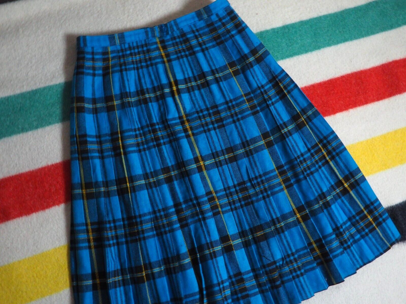 VTG 80s 90s Tan Jay Blue Black Plaid Wool Blend Lodge Fall Pleated Skirt 32W 16