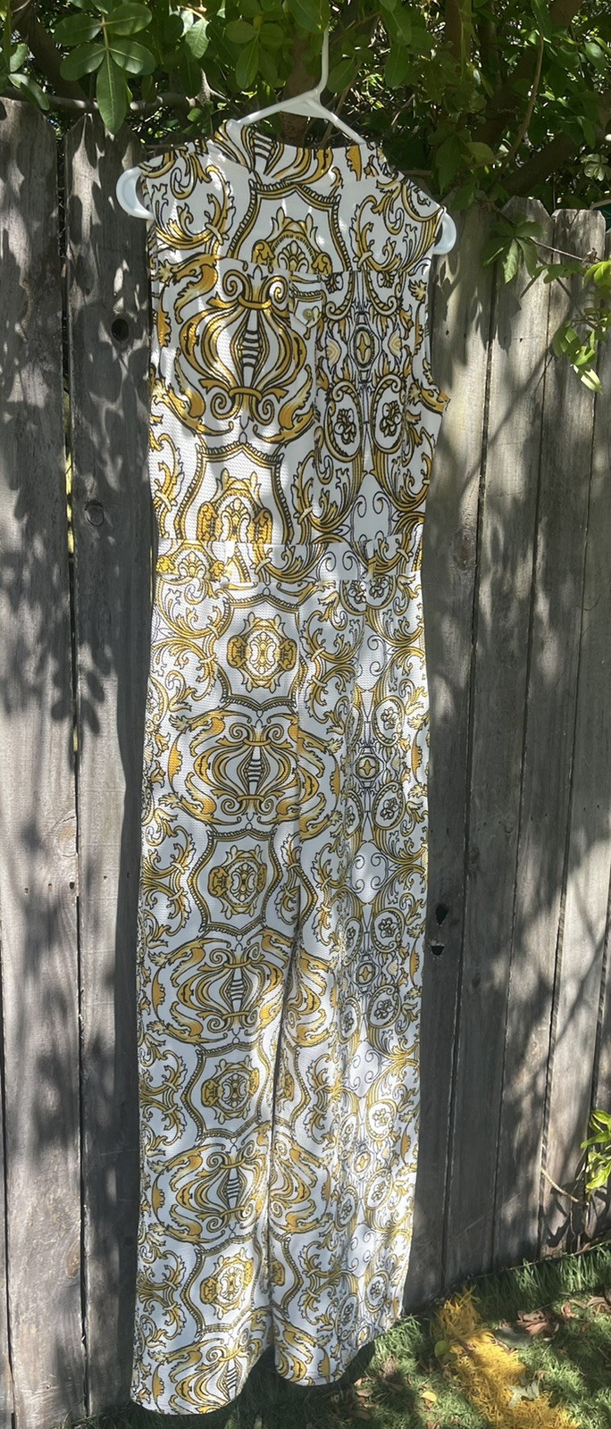 Vintage 70s Jumpsuit Wide Leg Palazzo Gold Psychedelic Baroque print – size M