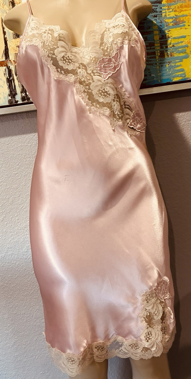 Vtg Victoria’s Secret Pink Satin Lace Dress Slip Lady M