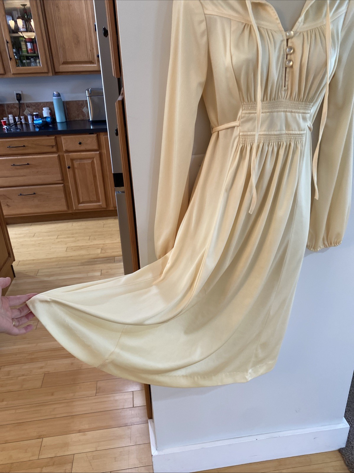 True Vintage 1970s Disco Career Dress Cream/Yellow Tie Belt Sz S?
