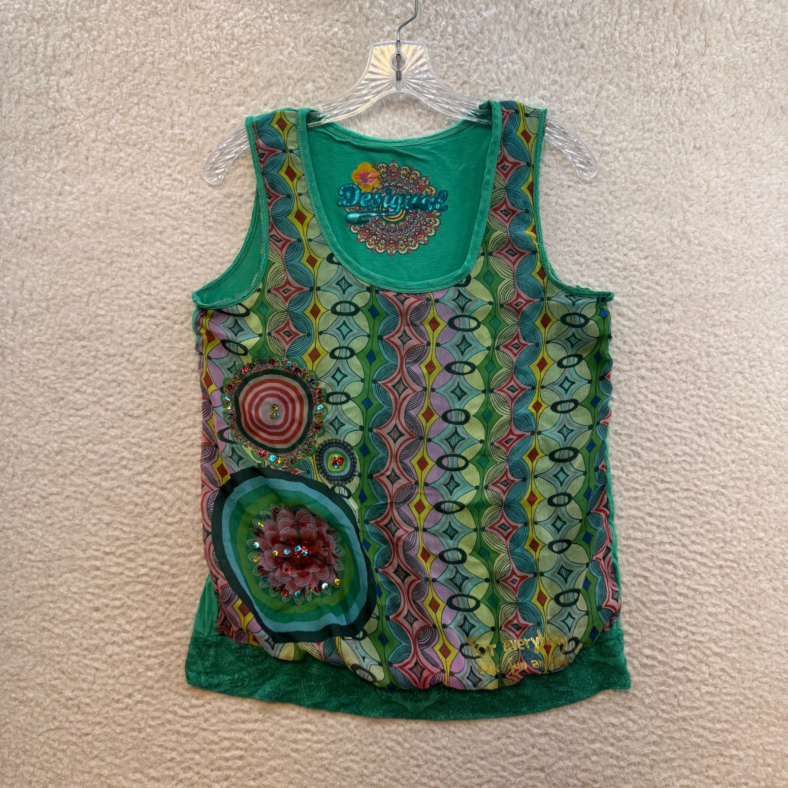 Y2K Vintage Desigual Top Medium Green Mesh Sequin Pattern Spain Designer