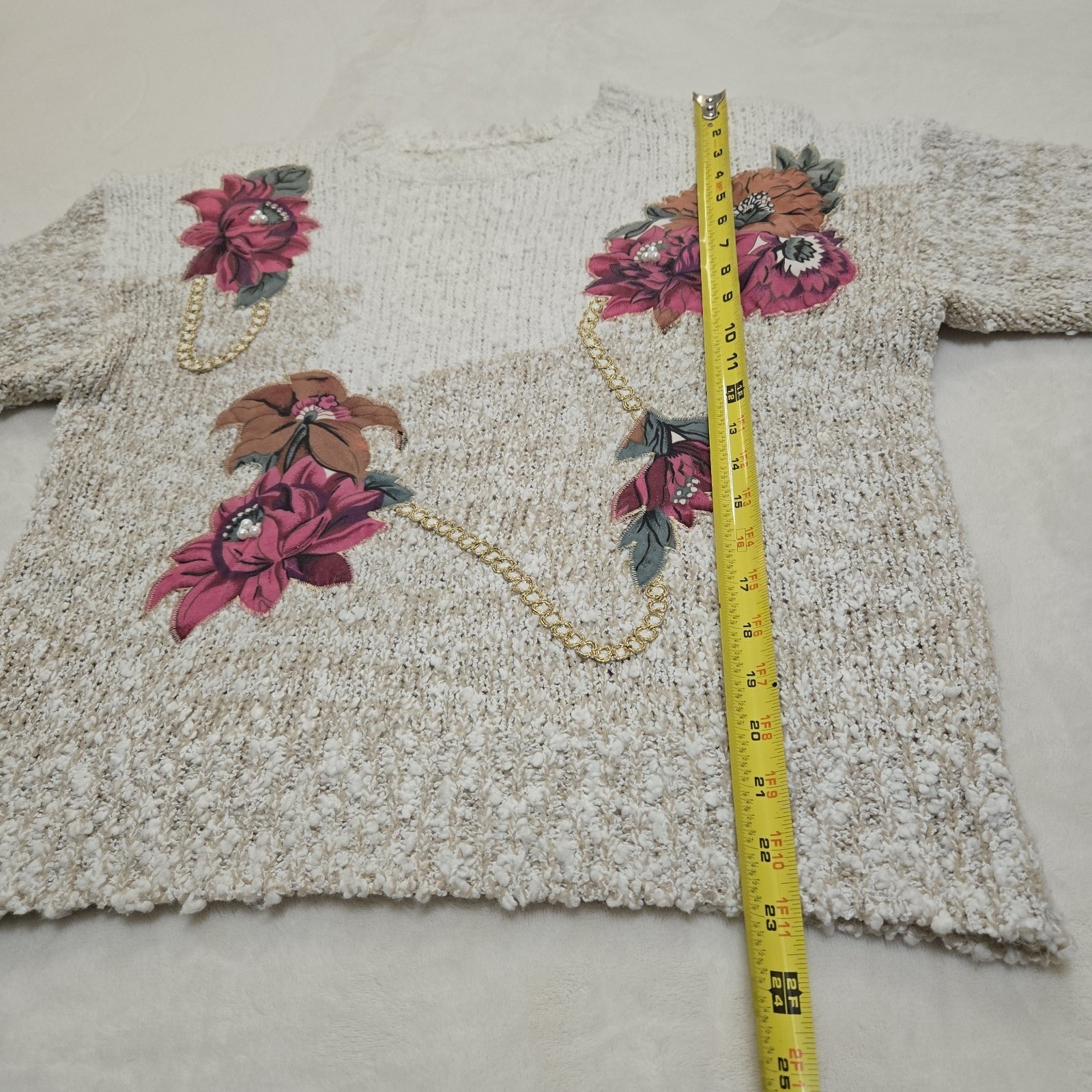 Needles & Yarn Vintage Popcorn Knit Floral Applique Sweater Pearl Accents Medium