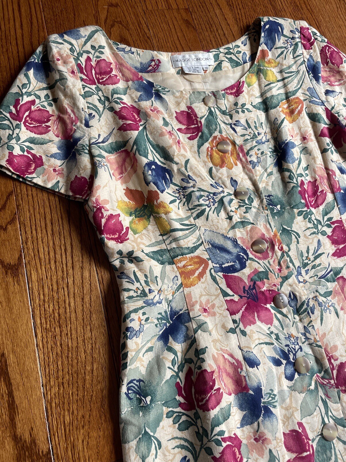 Vintage Maggie London Dress 10 Cottage Core Linen Cotton Button Long 90s Modest