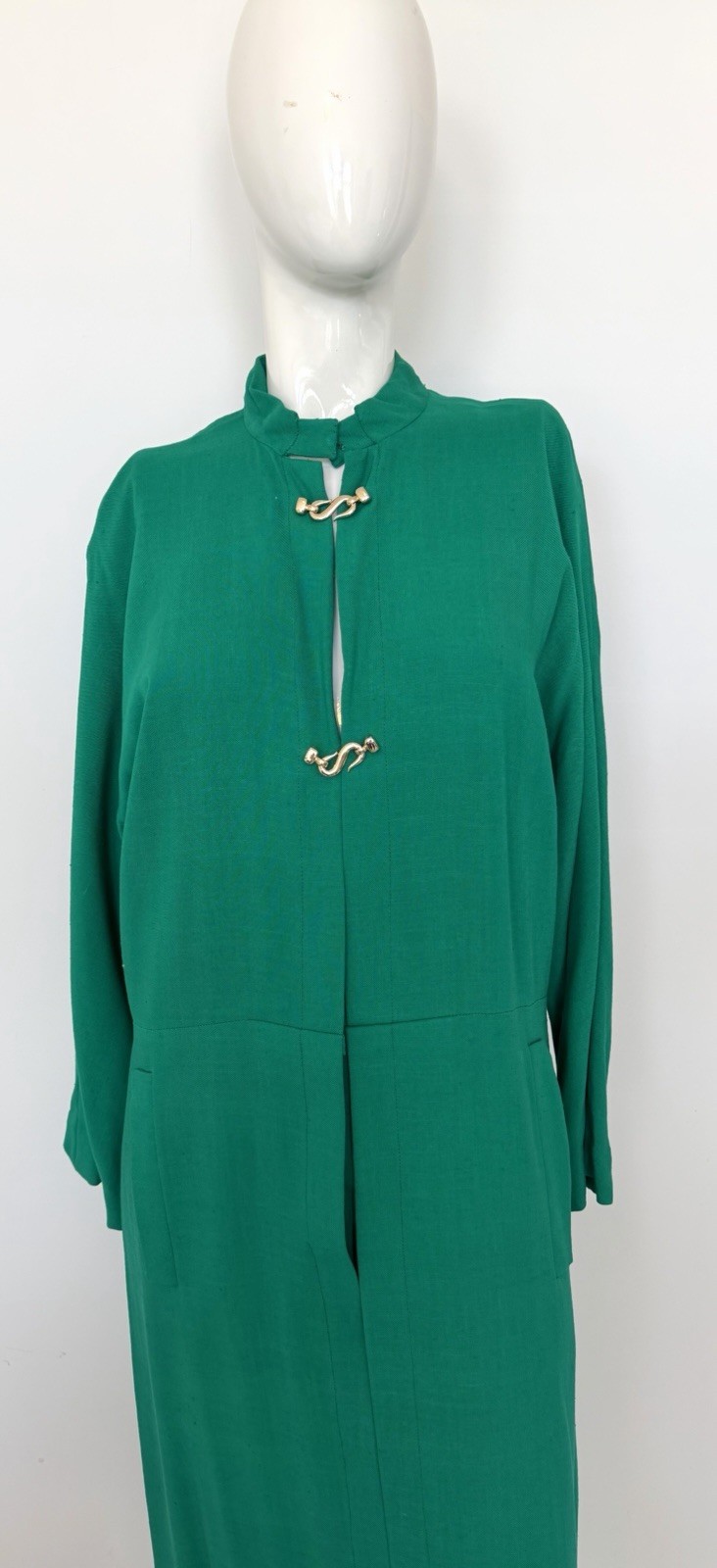 VTG 80s Pauline Trigere Bergdorf Goodman Emerald Green Maxi Textured Shirt Dress