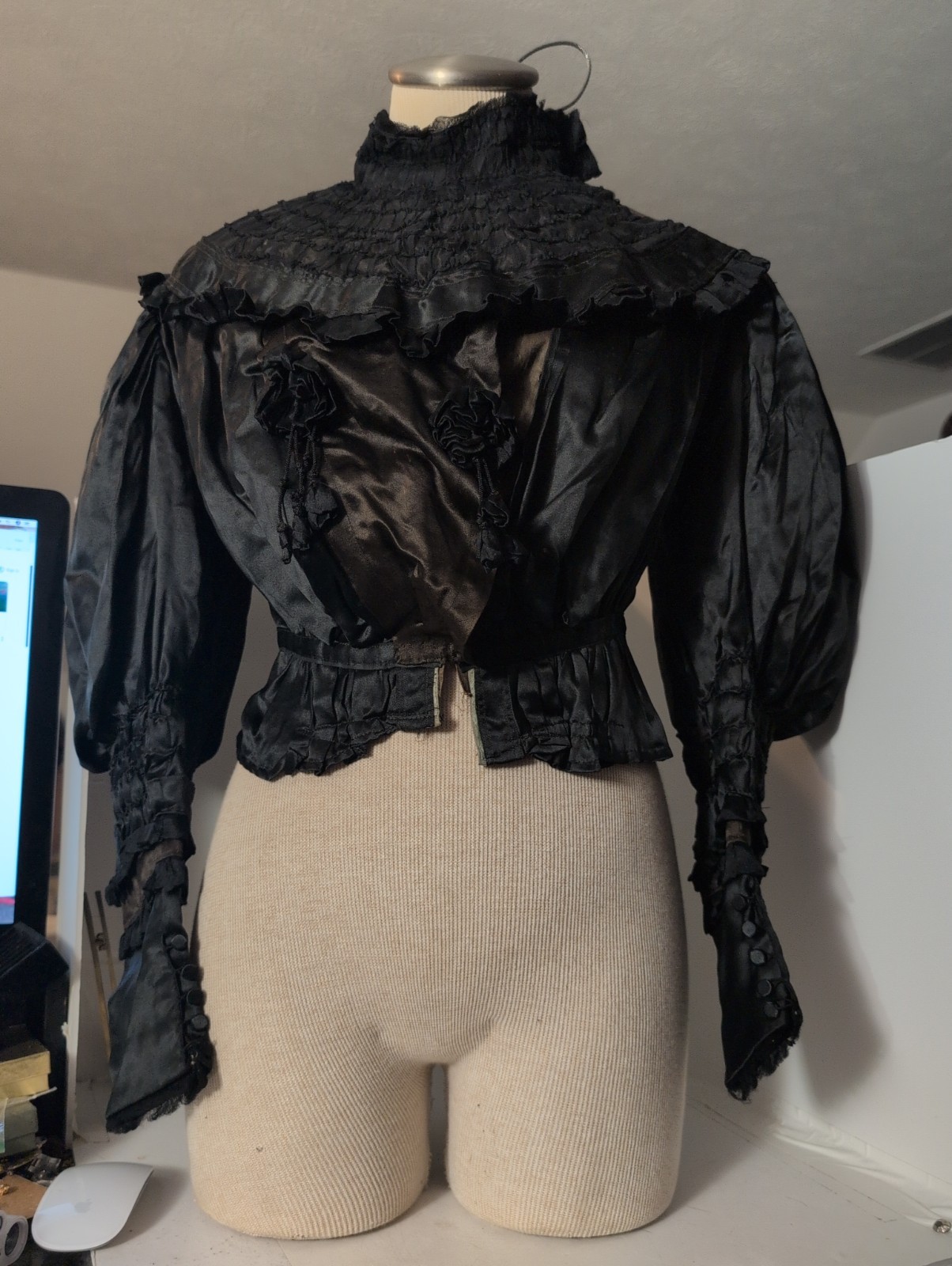 Antique Victorian Black Bodice Top 1890s Mourning Jacket Embroidery