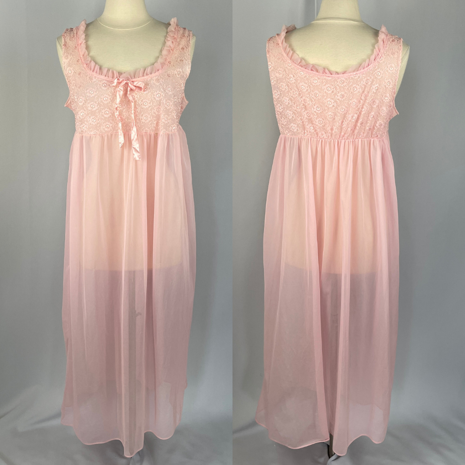 Vintage 70s Peignoir Set Large Pink Sheer Chiffon Lace Lingerie Babydoll 2 Piece